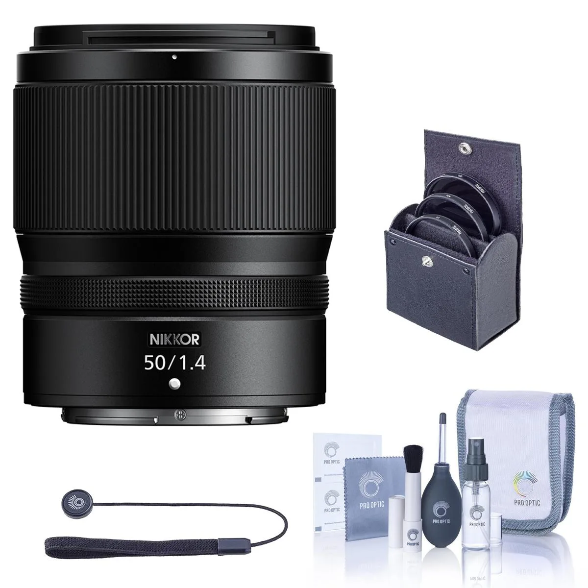 Nikon Inc Nikon NIKKOR Z 50mm f/1.4 camera lens with 62mm filter kit cleaning kit and lens cap tether — product photo