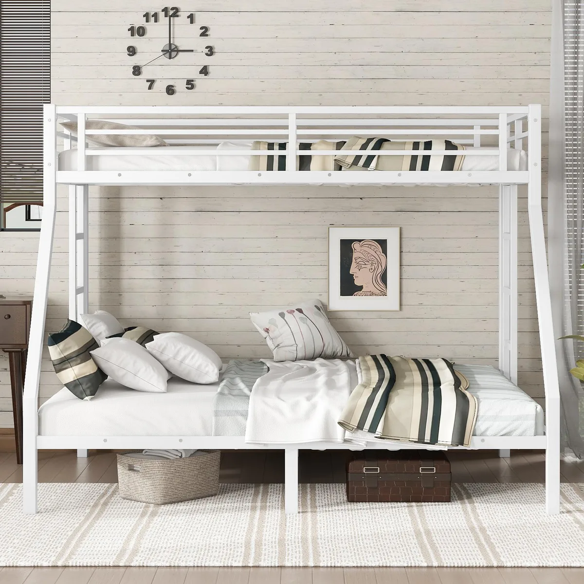 White metal bunk bed with Twin XL over Queen frame, two side ladders and guardrails
