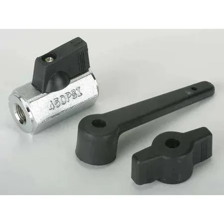 Small brass ball valve with lever handle, inline threaded ports