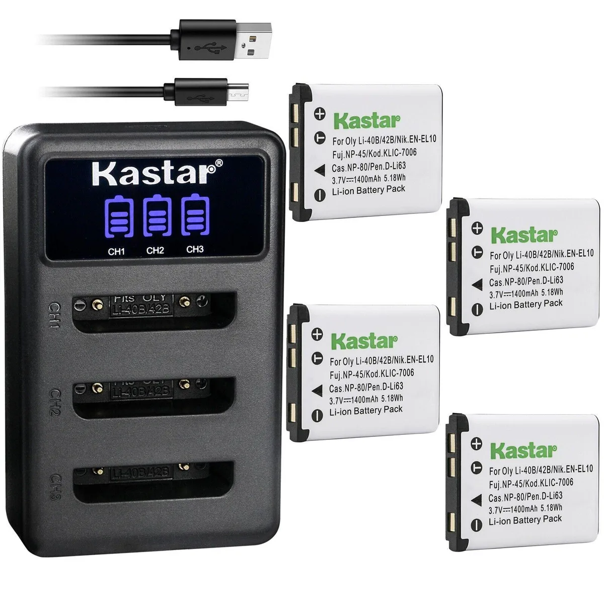 Kastar Kastar LED3 4-pack 1400mAh Li-Ion batteries with LCD triple USB charger — product photo
