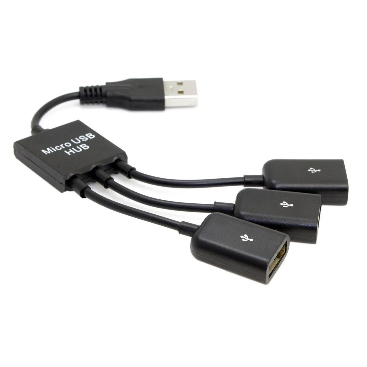 A small black USB 2.0 hub with three rectangular ports on a short cable