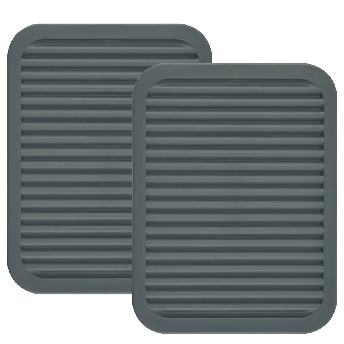 Two grey rectangular silicone trivets, 9 by 12 inches, flexible non-slip matte finish