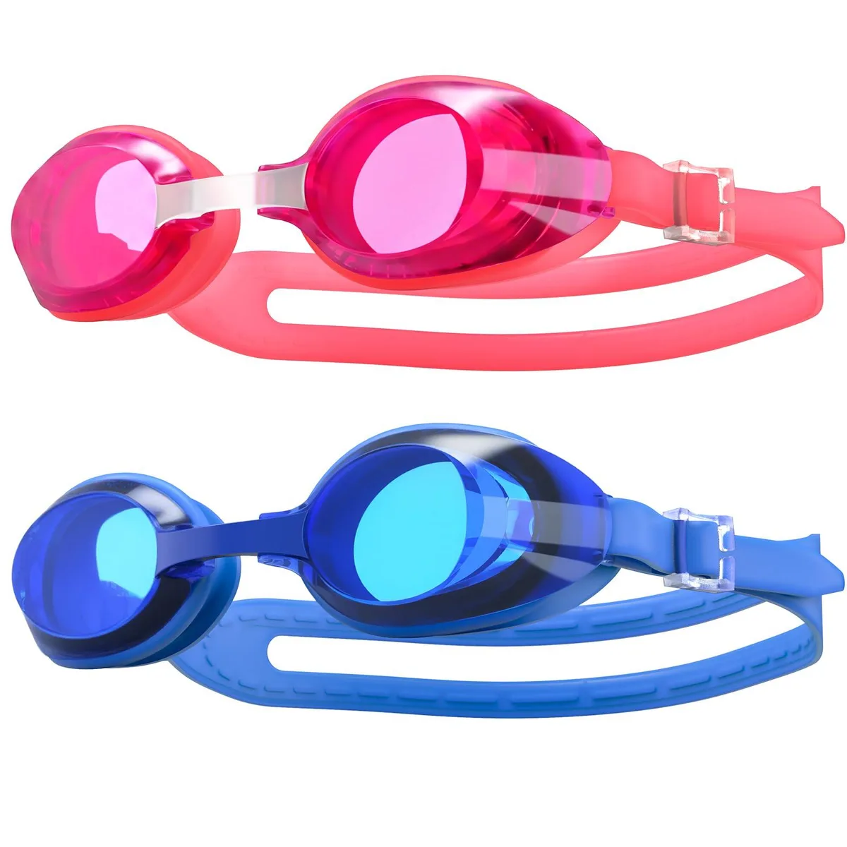 Two blue swimming goggles in a pack, plastic frame, anti-fog lenses