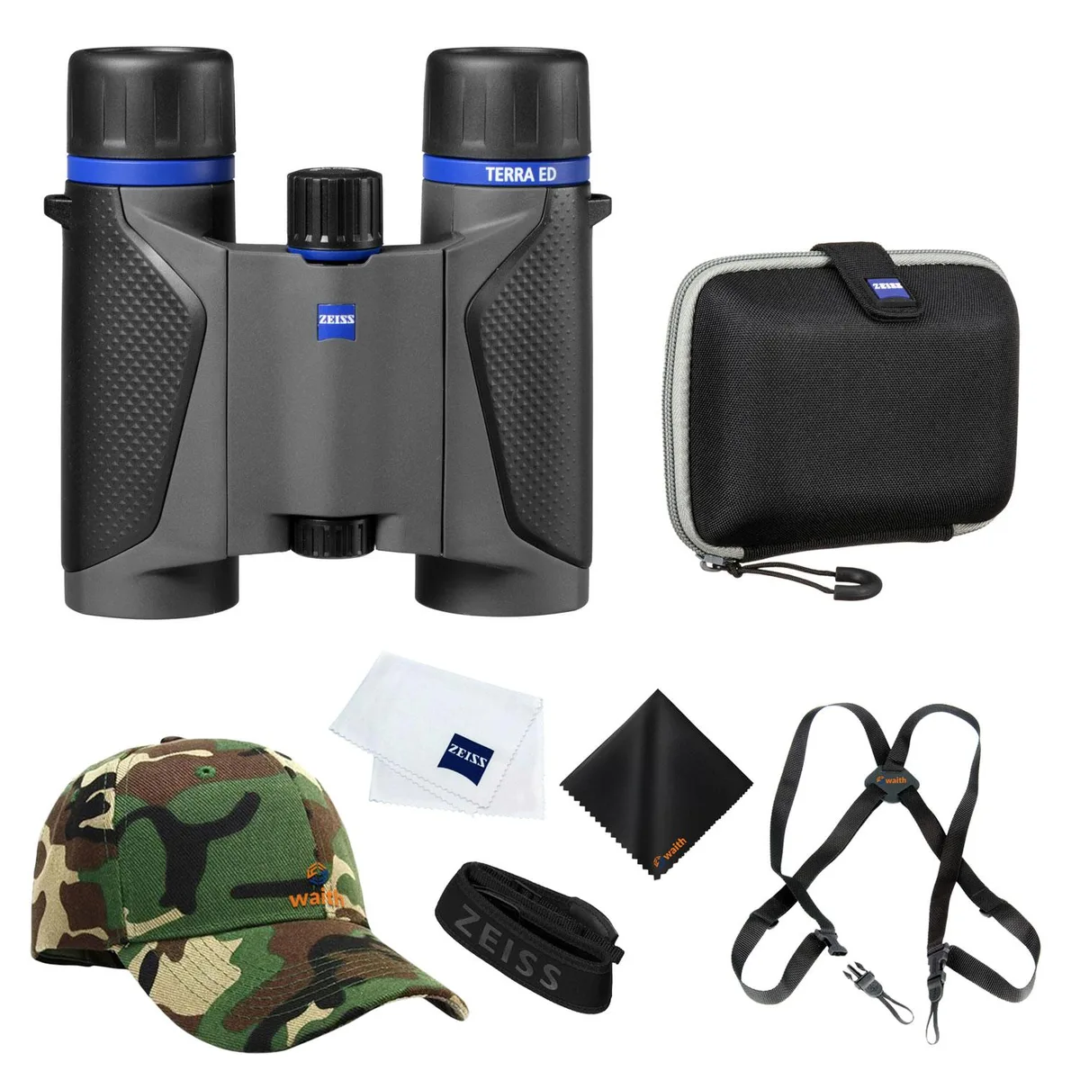 Zeiss Sports Optic Zeiss Terra ED 10x25 Binoculars (Grey) with Harness, Hat &amp; Cloth — product photo