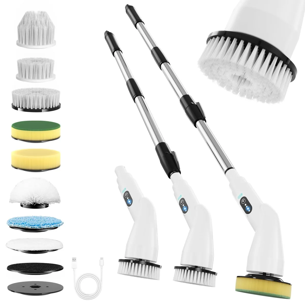 White electric spin scrubber with 51.2in extendable pole and eight brush heads