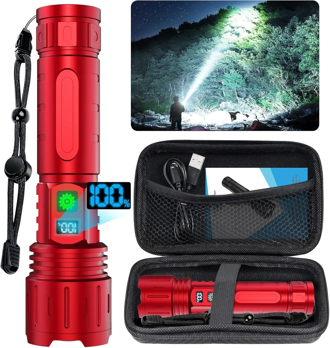 Red cylindrical flashlight with textured grip, USB-C port and digital power display