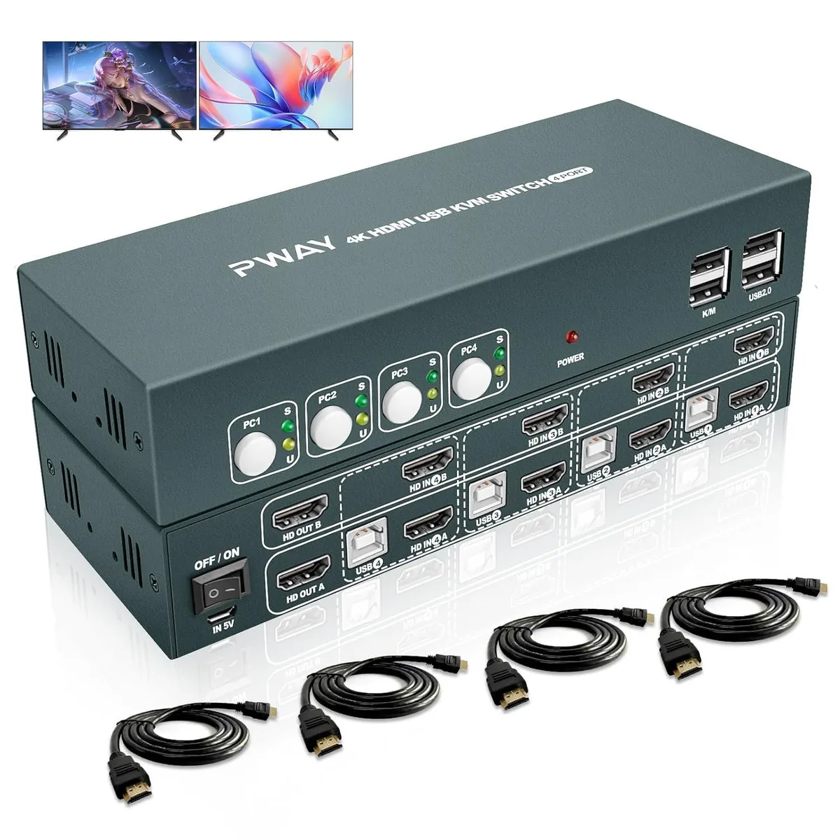 suranus suranus 4 Port HDMI KVM Switch 4 Computer 2 Monitor 4K@30Hz — product photo