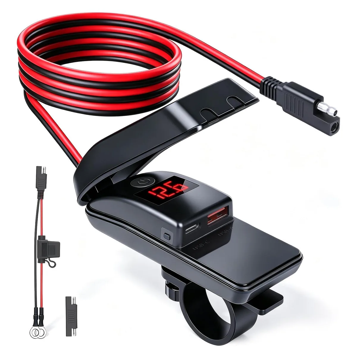 Black rectangular charger with USB-A and USB-C ports, LCD voltmeter display, on-off switch, protective covers and SAE cable with fuse