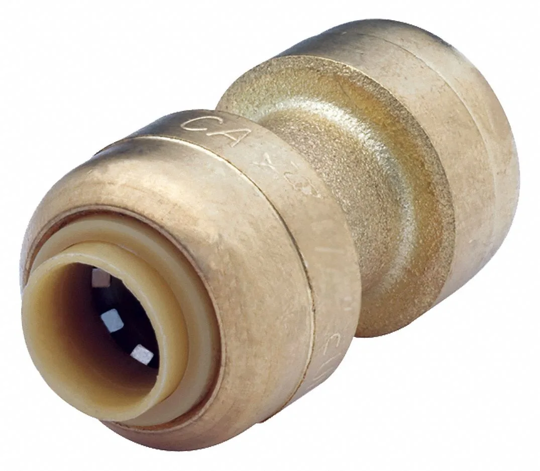 Brass push-fit straight coupling fitting with two 3/8 inch ports