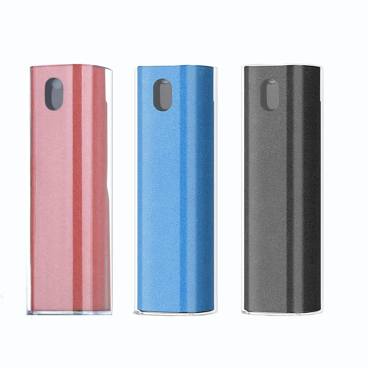 Three lipstick-sized screen cleaner pens in white bodies with blue, black and pink accents