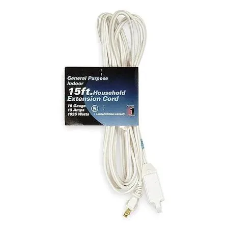 White flat PVC extension cord 15 ft long with three outlets and straight plug
