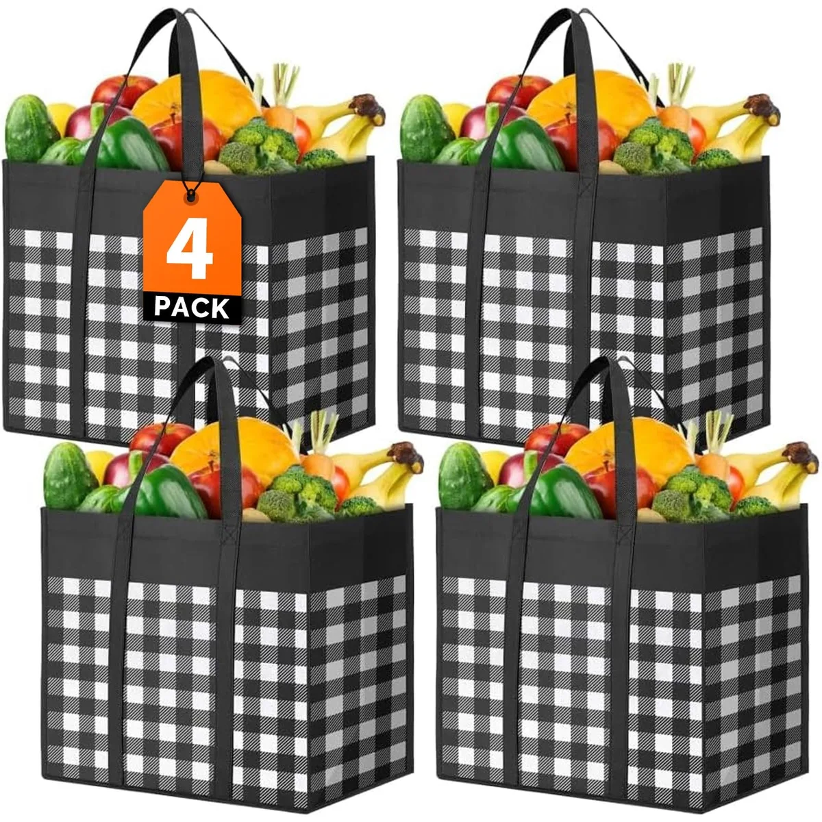 Four beige foldable tote bags with reinforced handles, flat-stacked showing rectangular shape and solid fabric finish