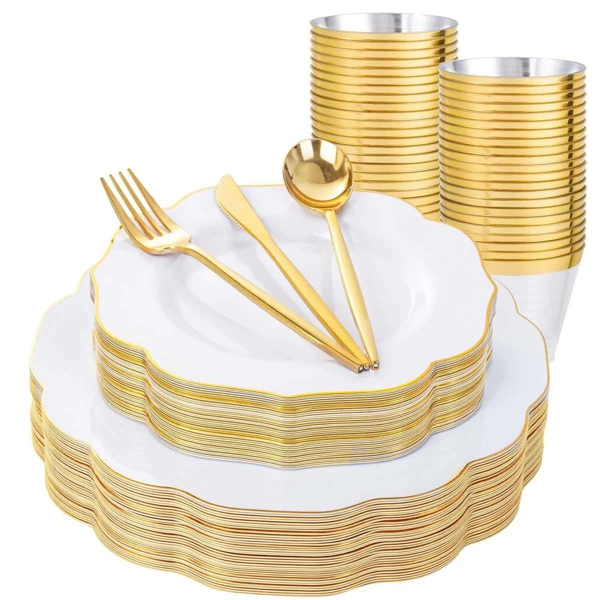 White and gold disposable dinnerware set with floral plates cups and cutlery for thirty guests