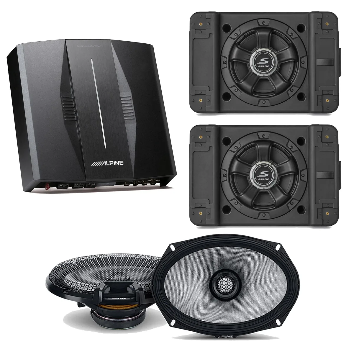 Alpine Alpine PXE-C80-88 OPTIM8 8-Channel Amp with 2x SS-SB10 Subwoofer and R2-S69 Speakers — product photo