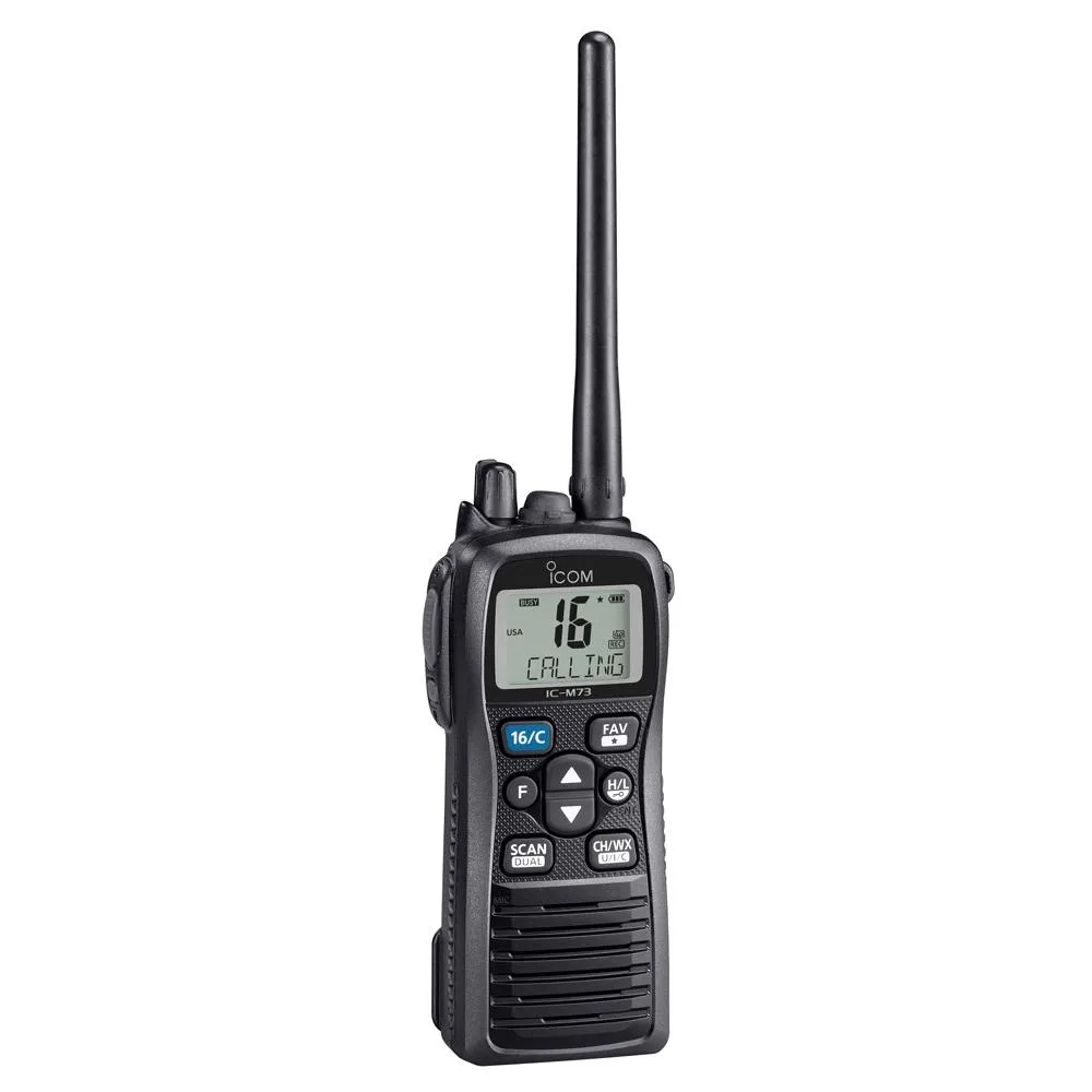 Yellow handheld marine radio with large screen and antenna