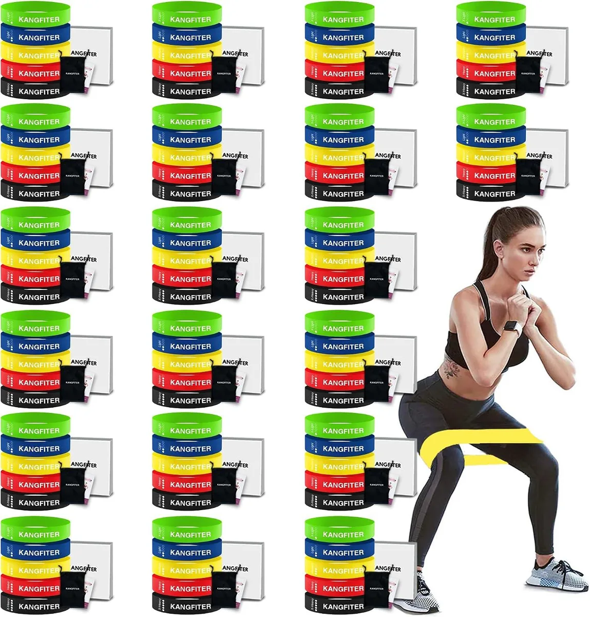 Bulk pack of 100 natural latex loop resistance bands in five colours with storage bag
