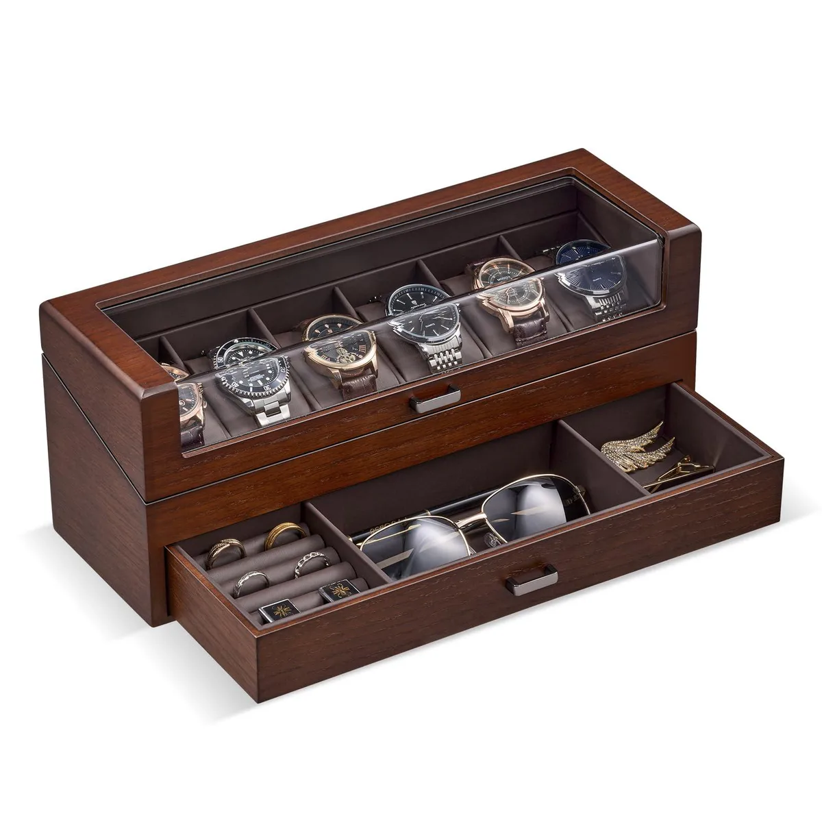 Walnut wooden watch box with curved acrylic lid and six slots