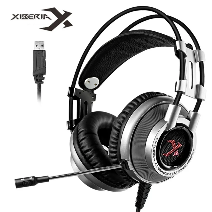 Silver over-ear gaming headset with USB cable, boom mic and LED lighting