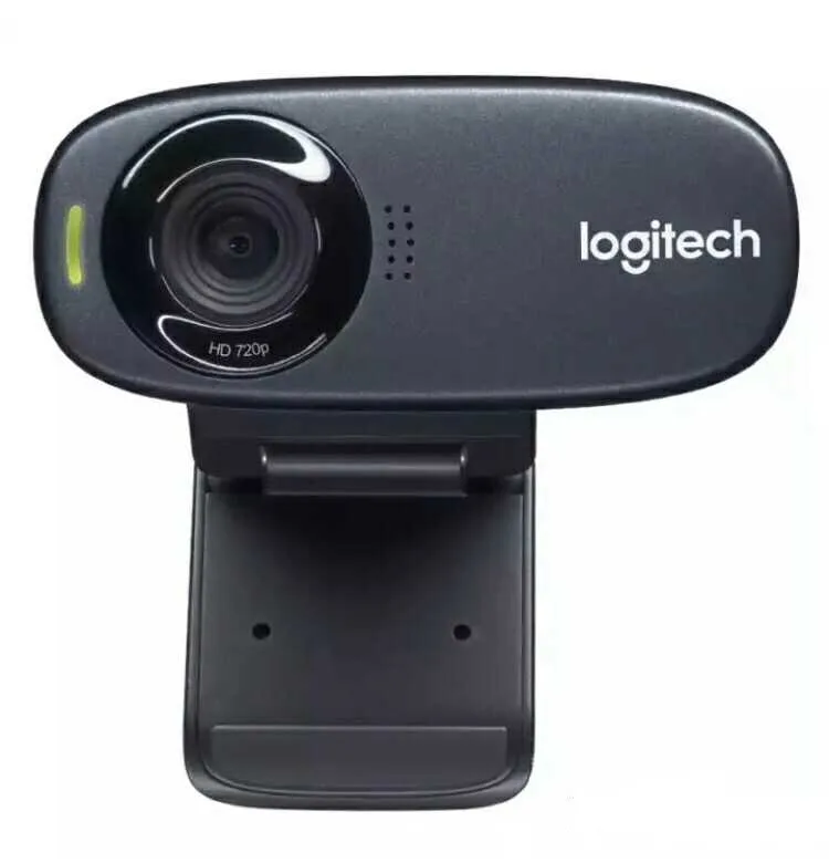 Compact black webcam with foldable clip and front microphone