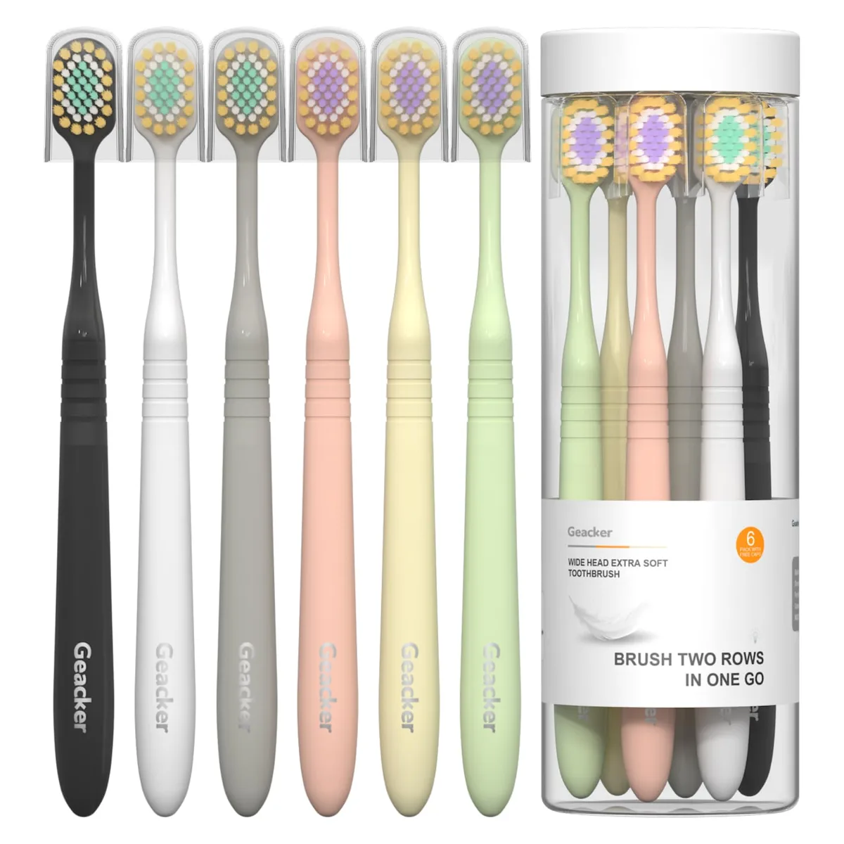 Six white manual toothbrushes with wide heads and coloured bristles in a canister