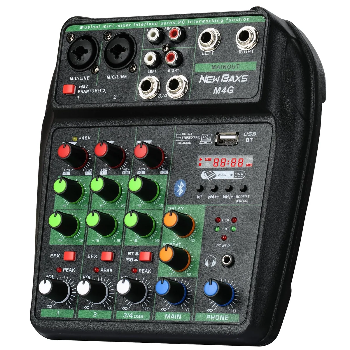 NEW BAXS Green-M4 4-Channel Audio Mixer Bluetooth USB 48V Phantom Power XLR 1/4 Inch — product photo