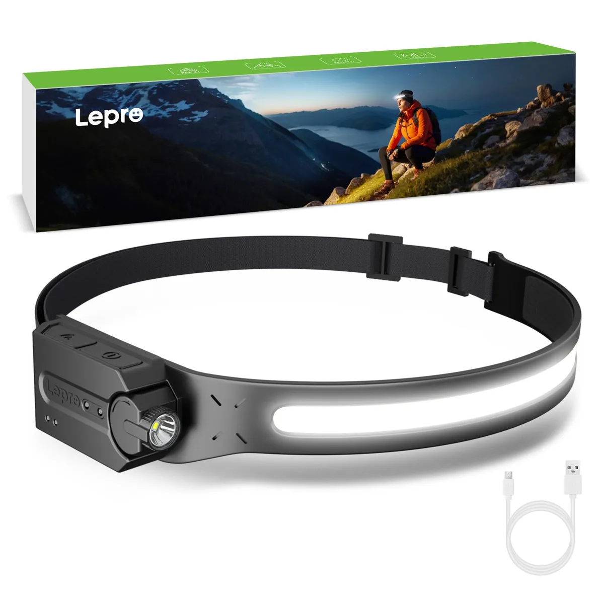 Lepro 320019 headlamp with wide light bar, USB-C charging, matte black finish