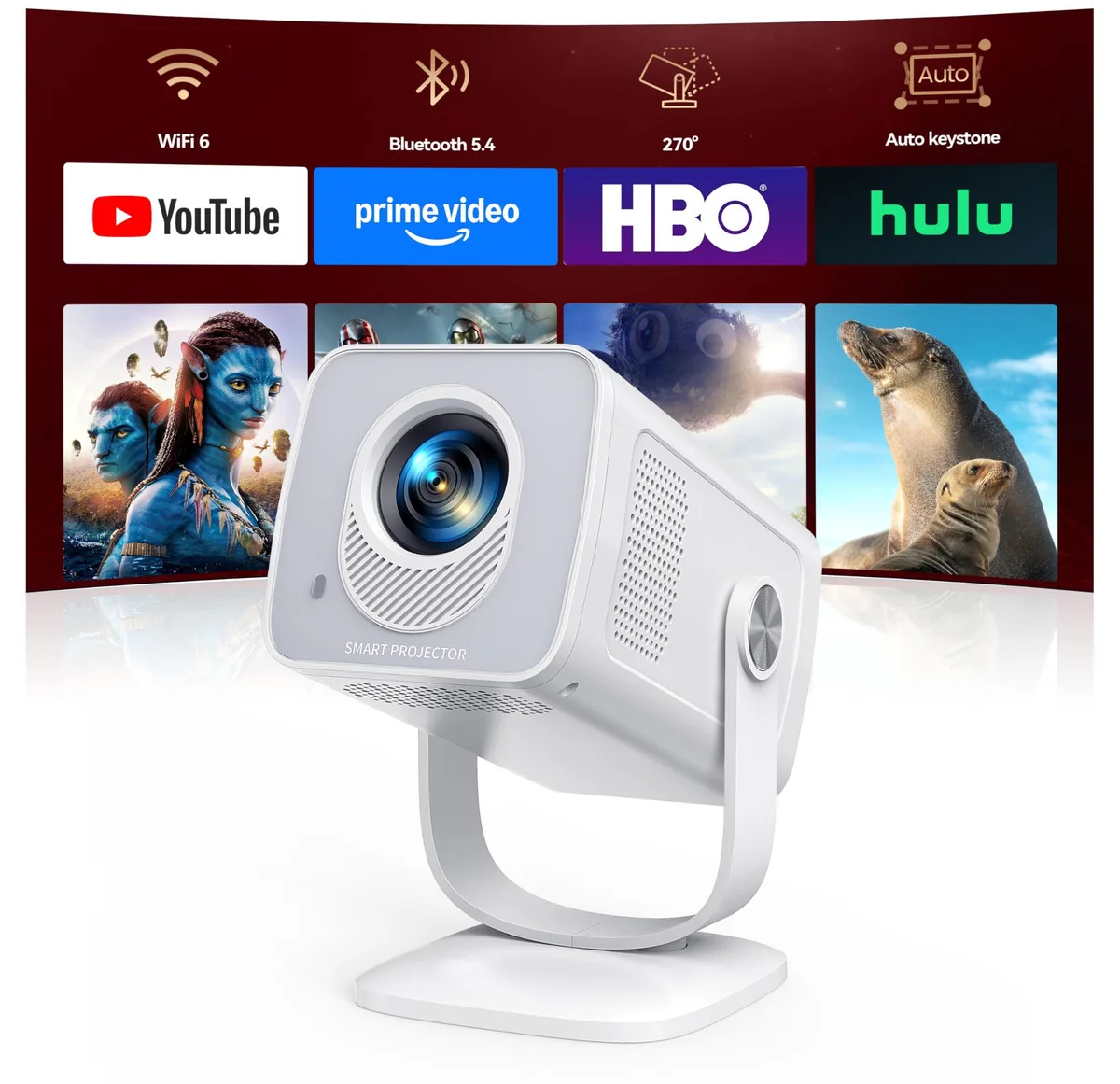 Compact white DLP projector with 270° rotating lens