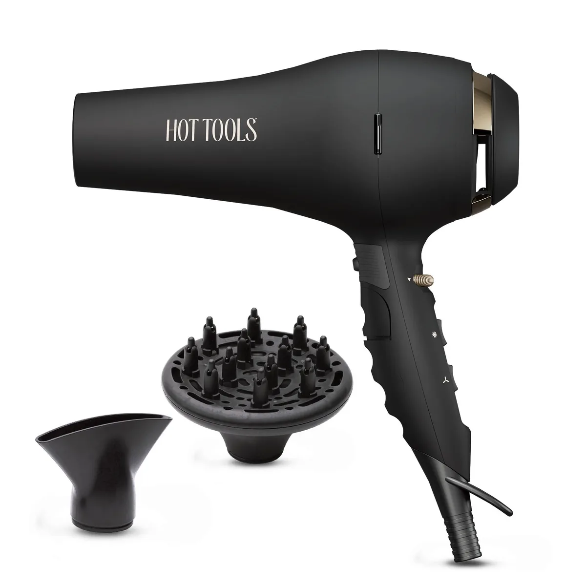 Black professional hair dryer with gold accents, lightweight pistol-grip design