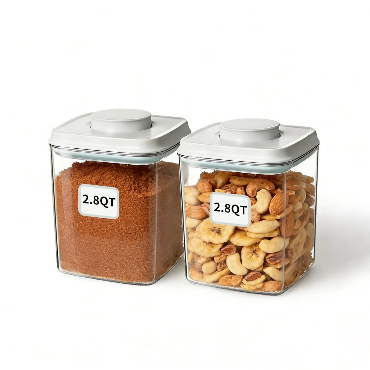 Two red rectangular PET containers with flat one-touch lids, stackable, 2.65 L each