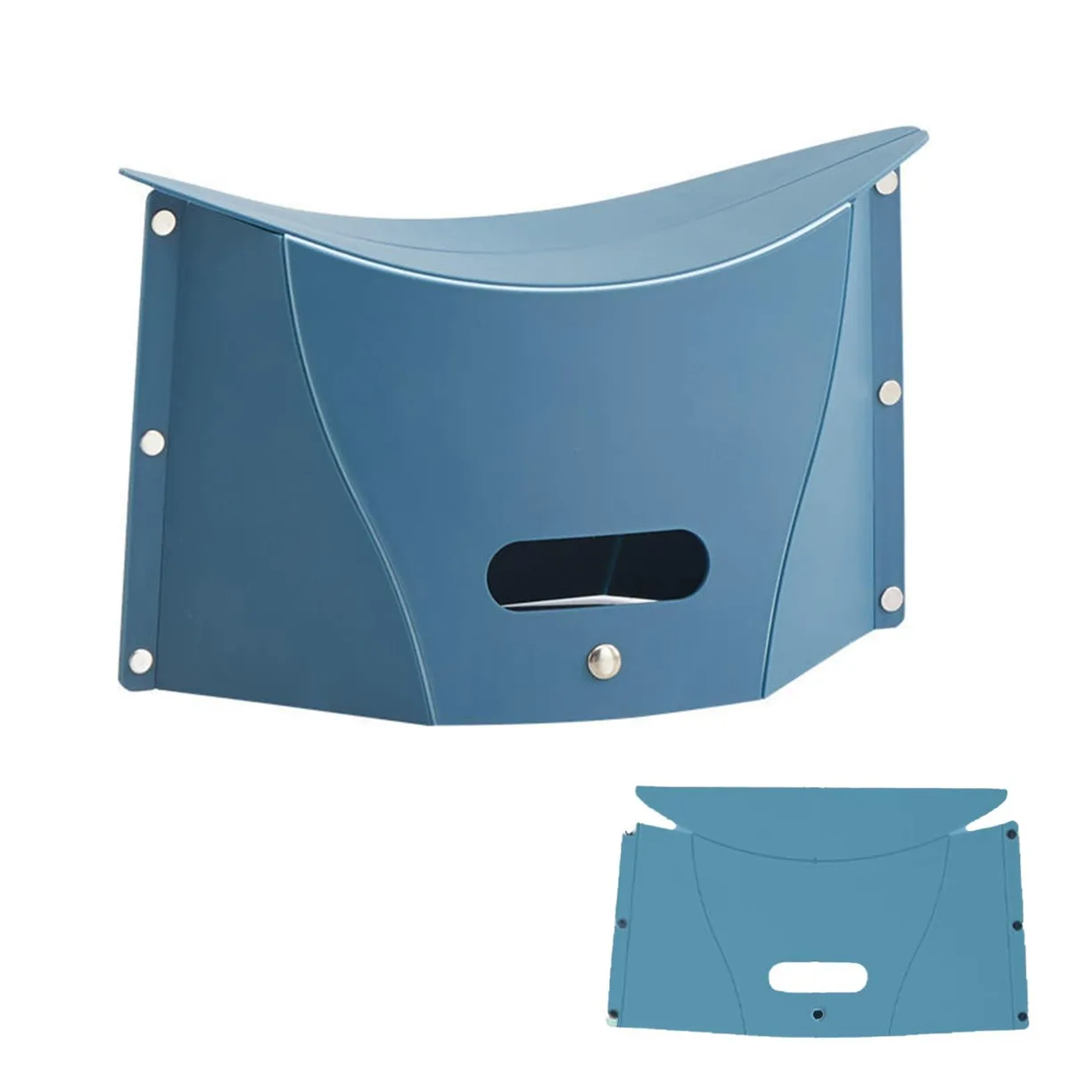Blue plastic folding stool, 6.8 by 12.6 by 7.5 inches, 0.5 inch thick when folded
