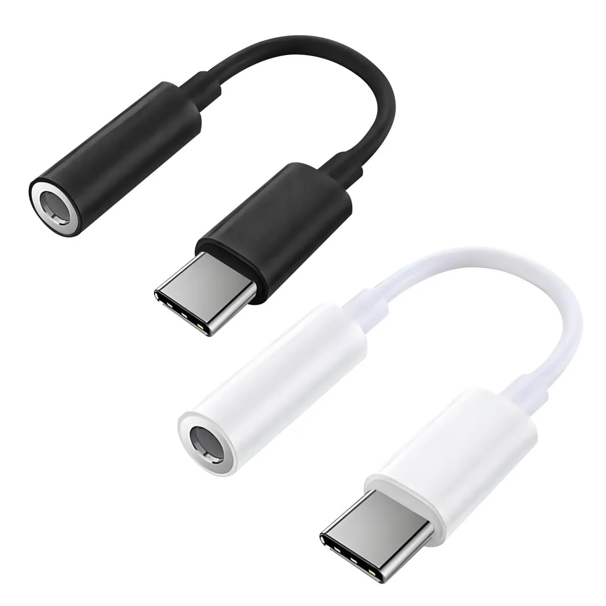Two short USB-C to 3.5 mm dongles, one black one white, glossy connectors, 4.6 in cables