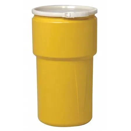 Yellow open-head polyethylene transport drum with white lid and lever-lock ring