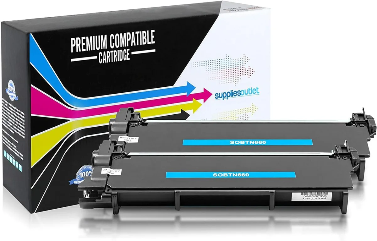 Two rectangular black toner cartridges in a sealed pack