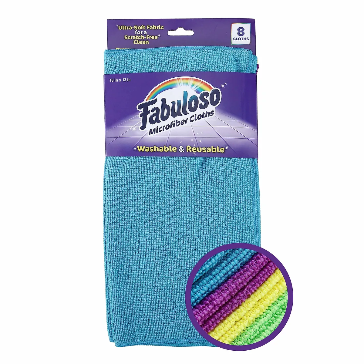 Stack of eight purple microfiber cloths, each 13 inches square, folded in plastic wrap