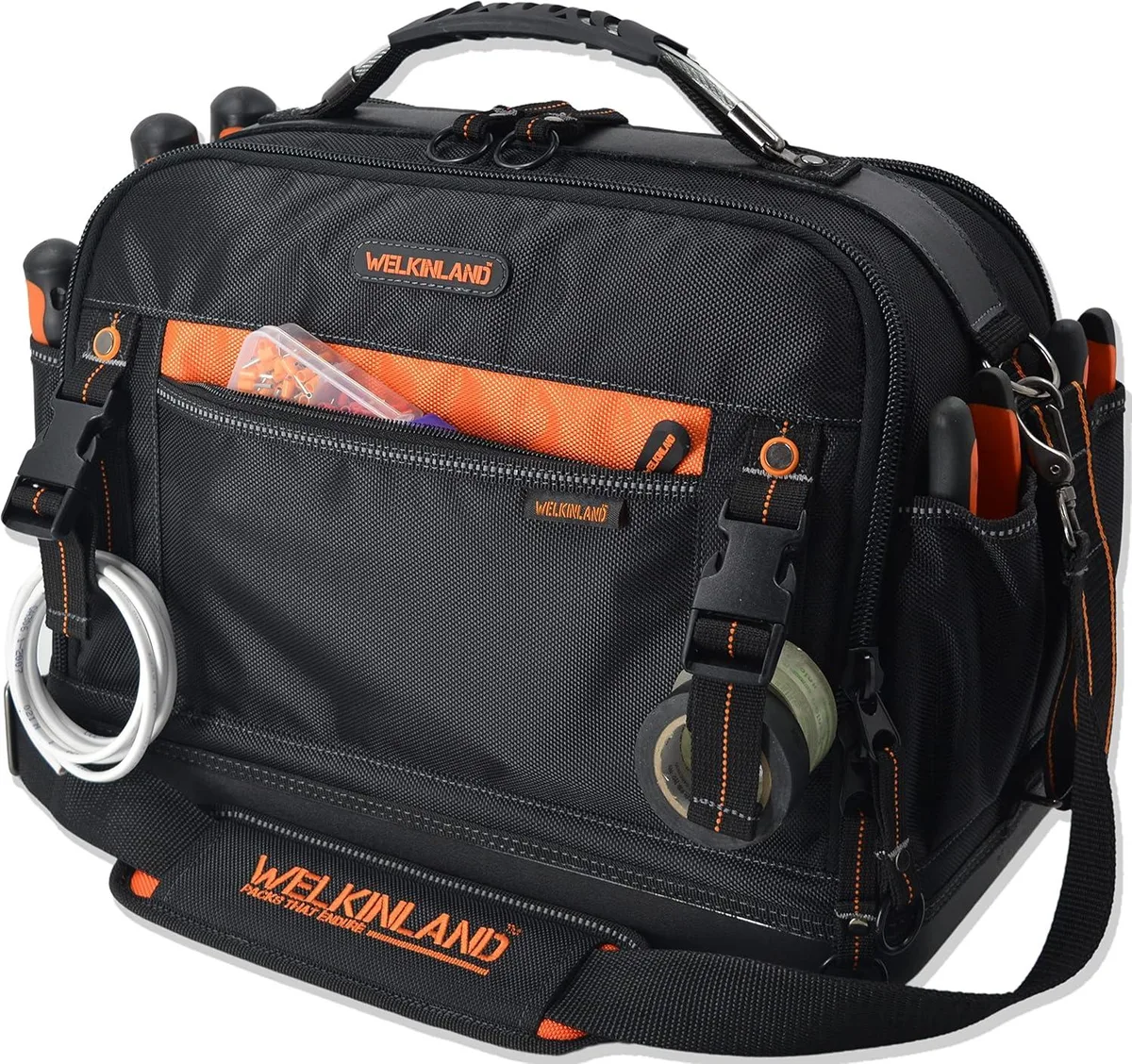 BFKK 16-inch tool bag in 1680D Oxford fabric with steel frame, hard moulded base, 42 pockets, 32 MOLLE loops