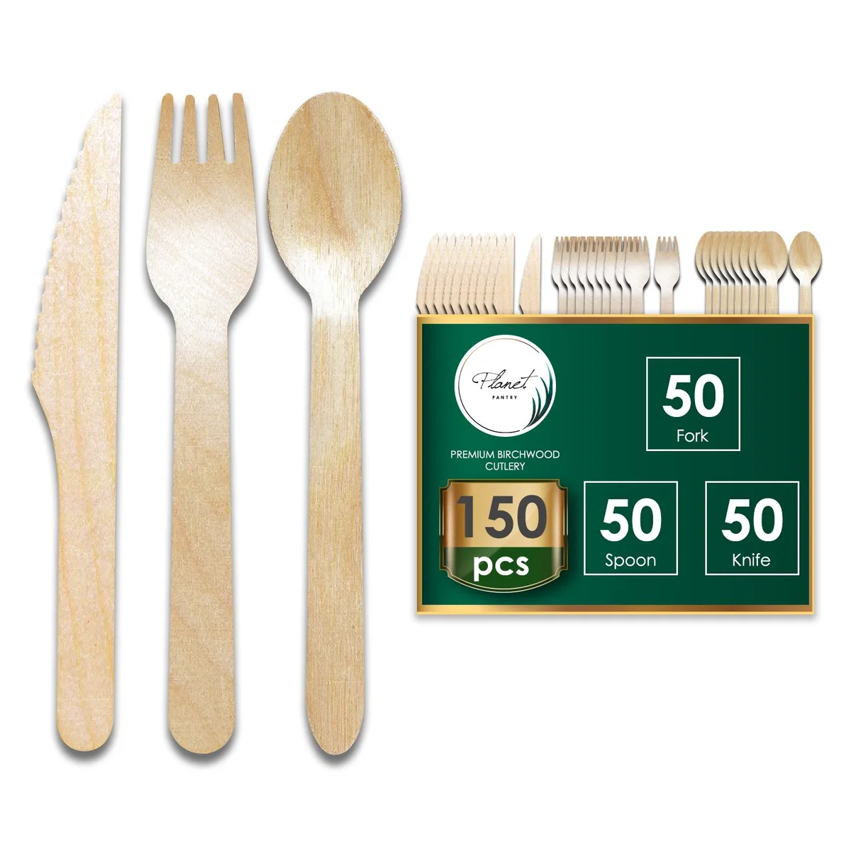 Planet Pantry Planet Pantry Disposable Birchwood Cutlery Set Fork Spoon Knife 50 pcs each — product photo