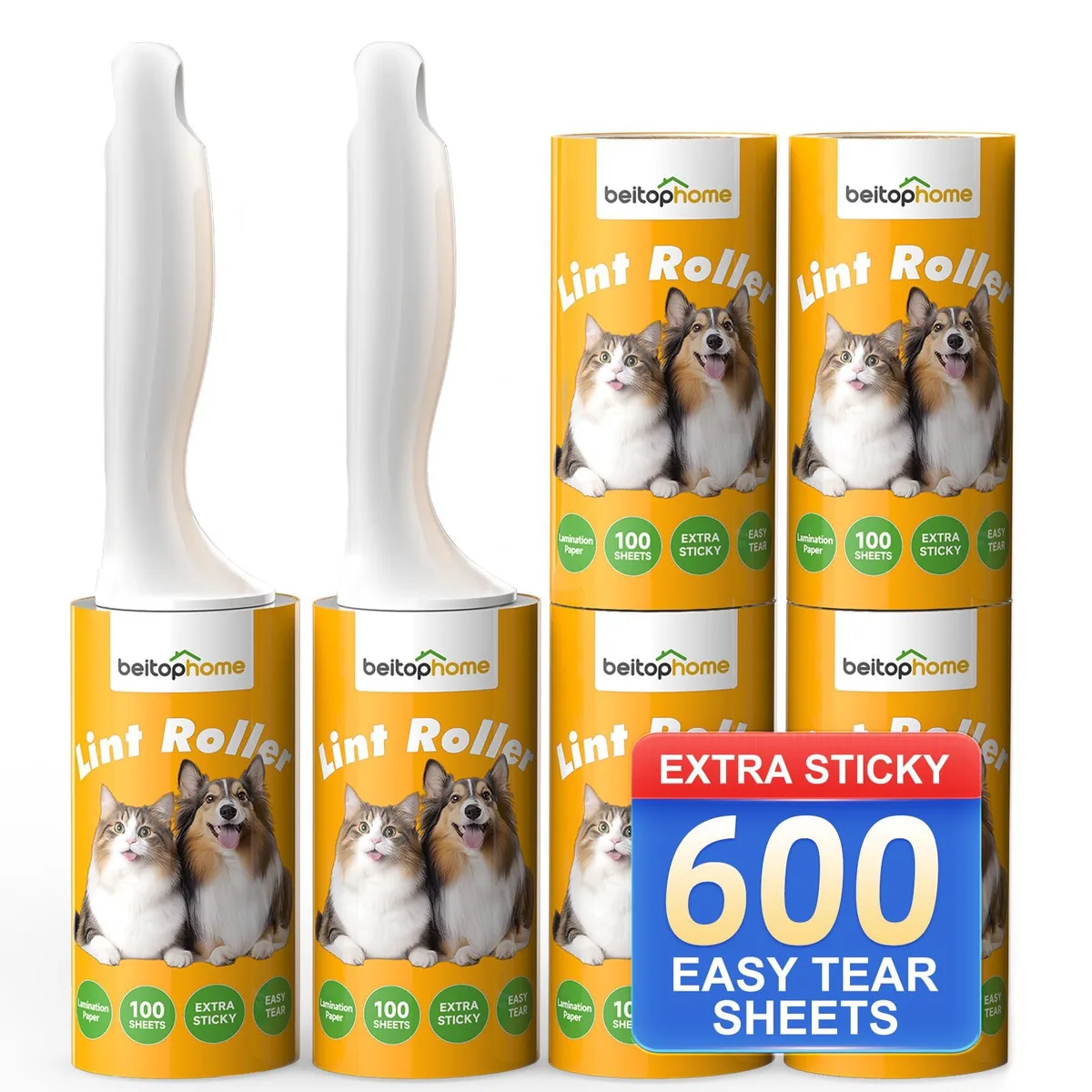 Two white plastic lint roller handles with 600 adhesive sheets for pet hair removal