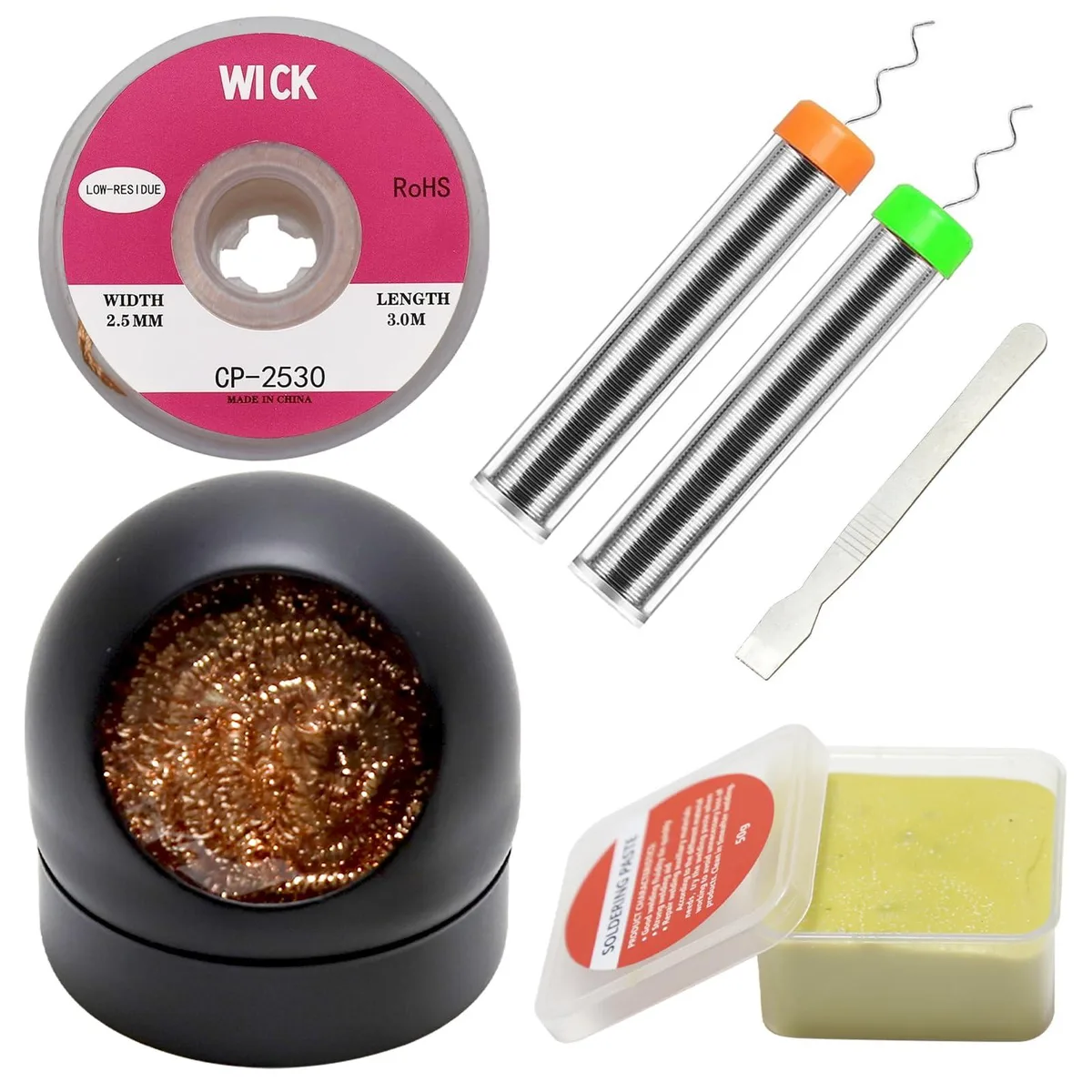 6-in-1 soldering kit with iron tip cleaner, solder wire, flux paste, desoldering wick, and stainless steel scraper