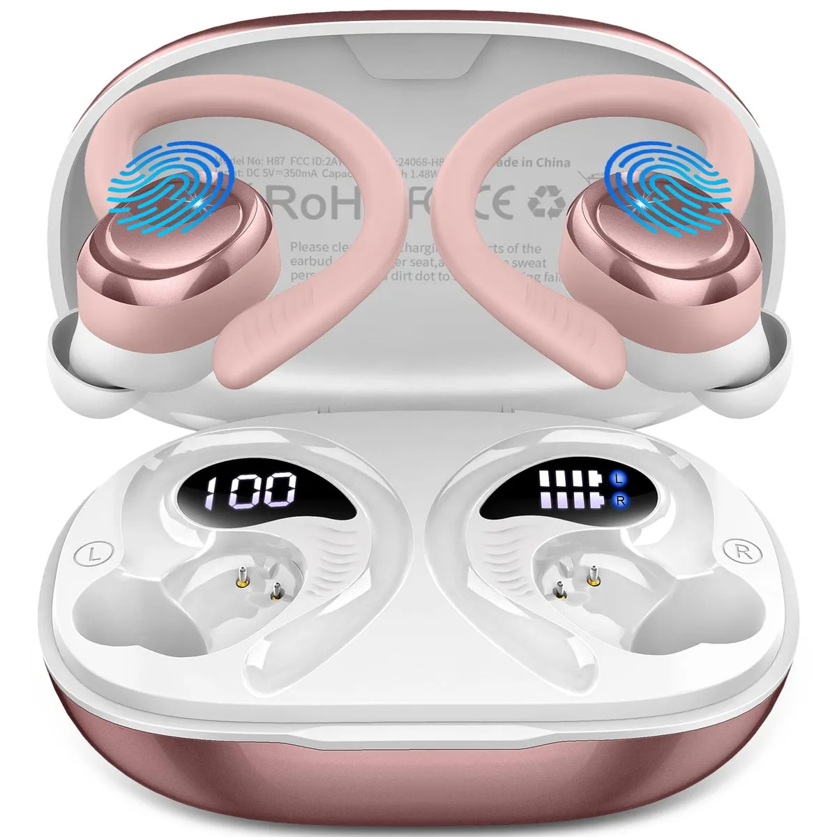 Rose earbuds with over-ear hooks and charging case