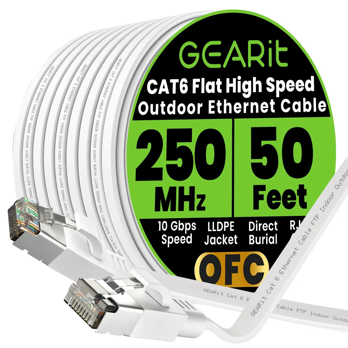 No Sew No Sew Cat 6 Flat Ethernet Cable 50ft White Direct Burial LLDPE Jacket Shielded FTP 10Gbps 250MHz — product photo
