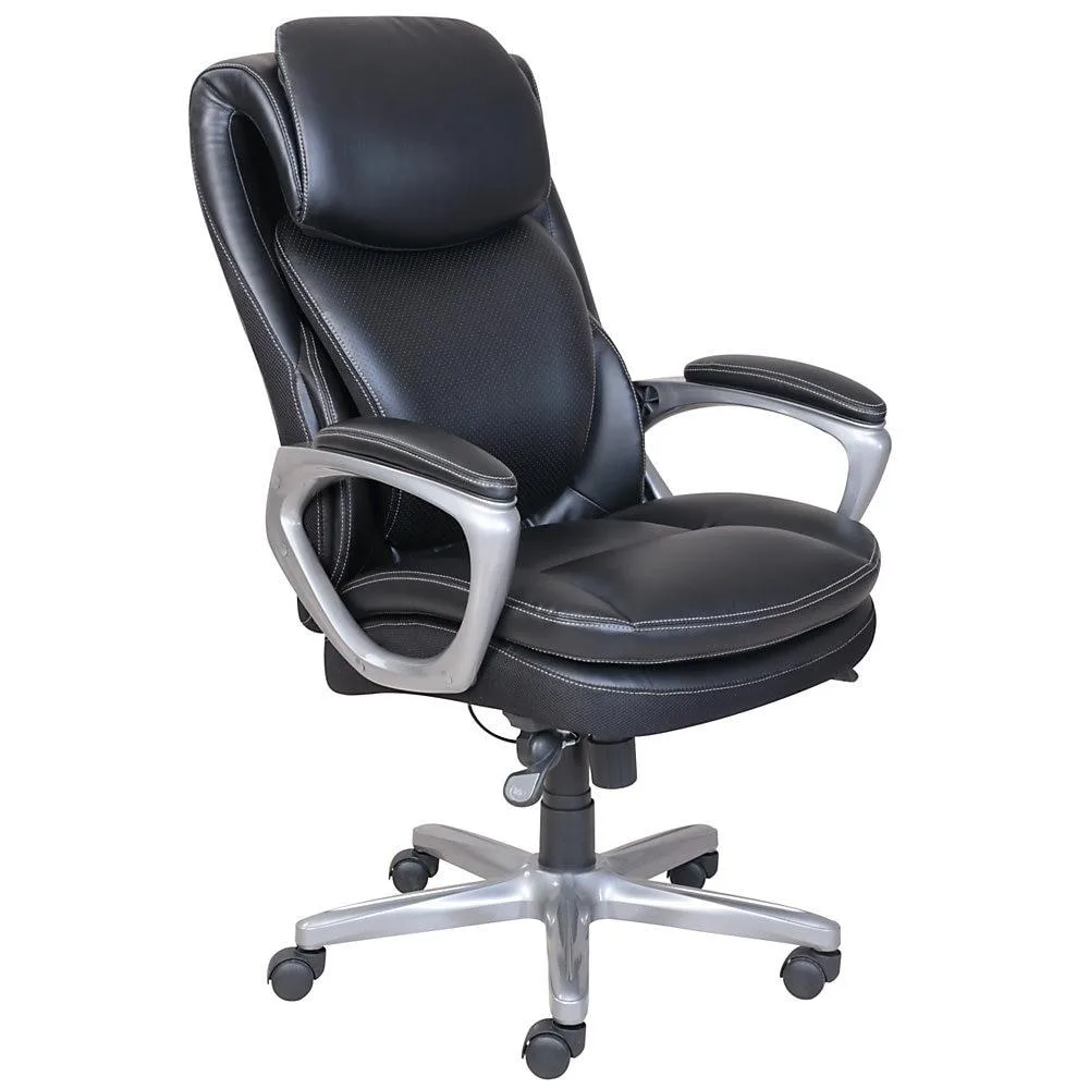 Black executive office chair with mesh backrest, padded seat, adjustable arms and five-star base