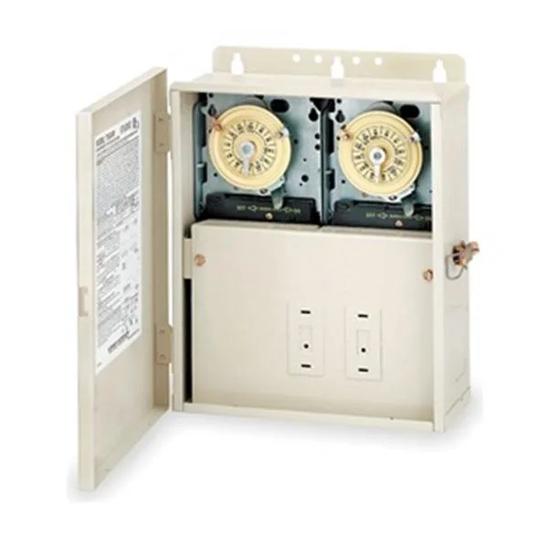 Grey steel enclosure with timer dial and wiring terminals