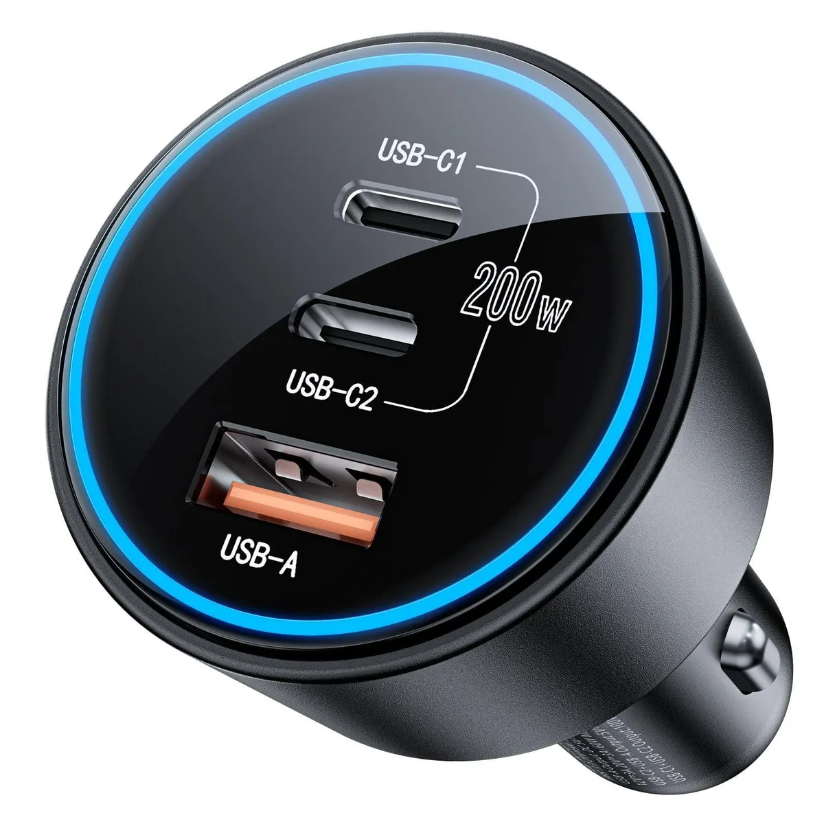 Compact black car charger with two USB-C ports, one USB-A port and an ice-blue LED ring light