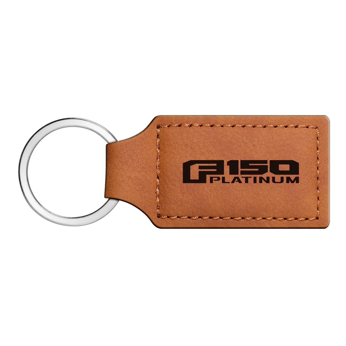 Rectangular brown leather key chain with laser-etched Ford F150 Platinum logo