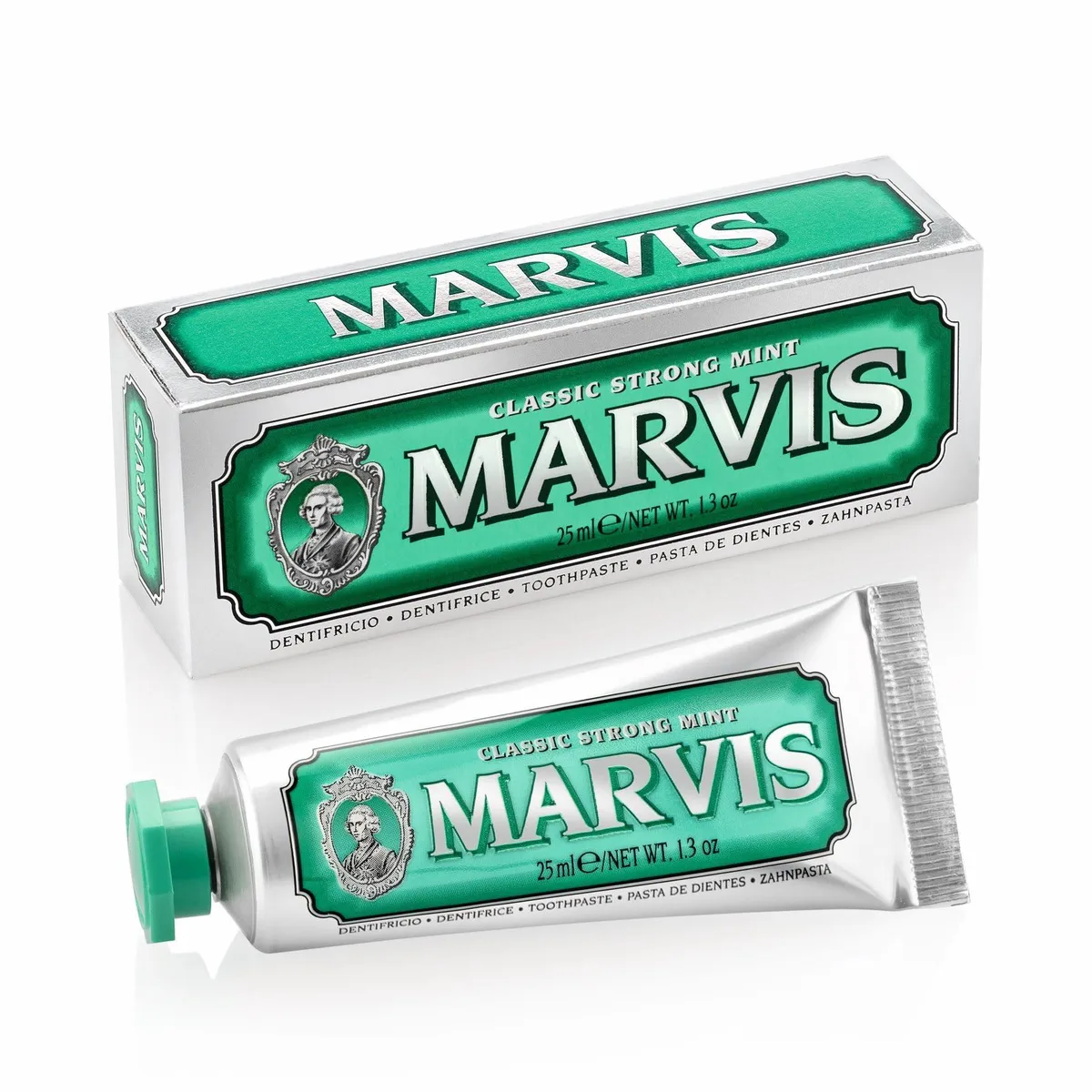 Small rectangular metal tube with silver cap and red label, 1.3 oz toothpaste