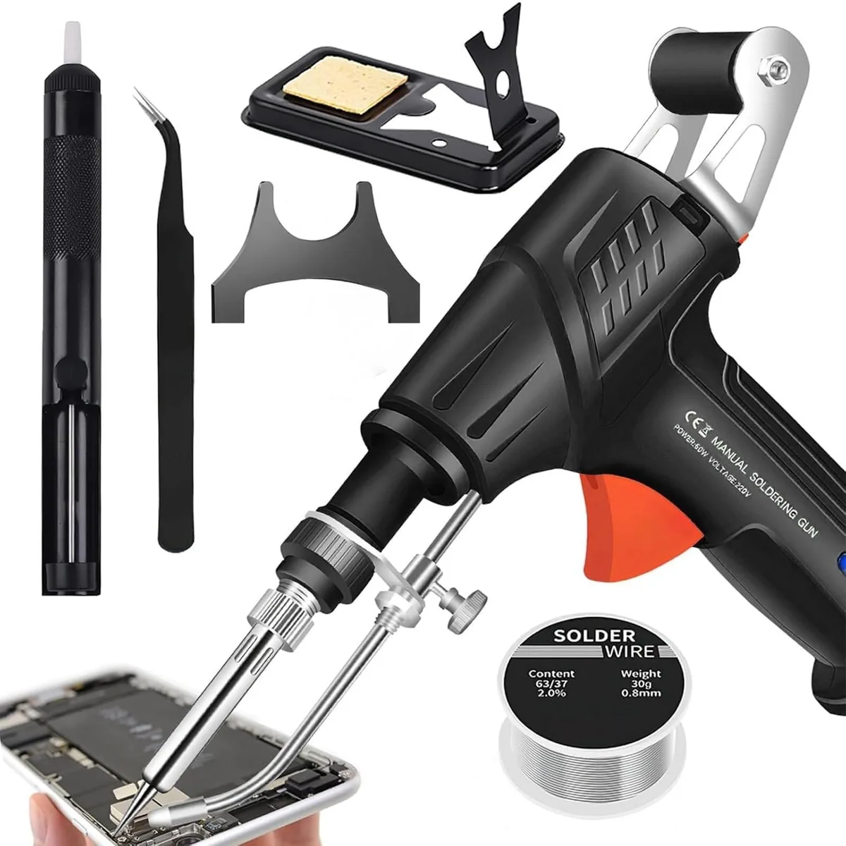 Pistol-grip soldering gun with auto-feed mechanism and accessories