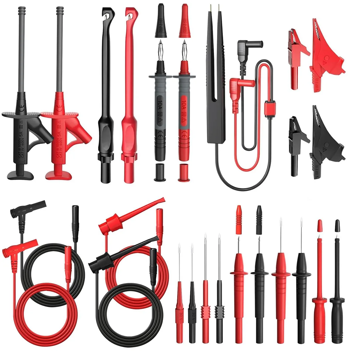 25-piece multimeter test leads kit with alligator clips, probes and tweezers in a case