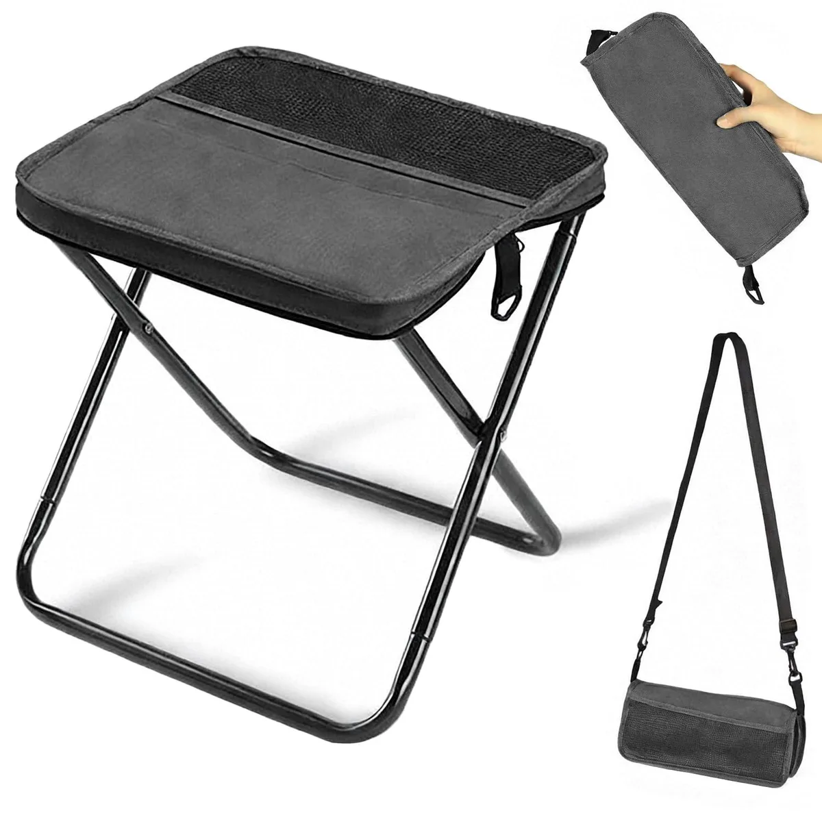 Black crossbody bag with fold-out stool frame, padded strap, water-resistant fabric, rubber feet