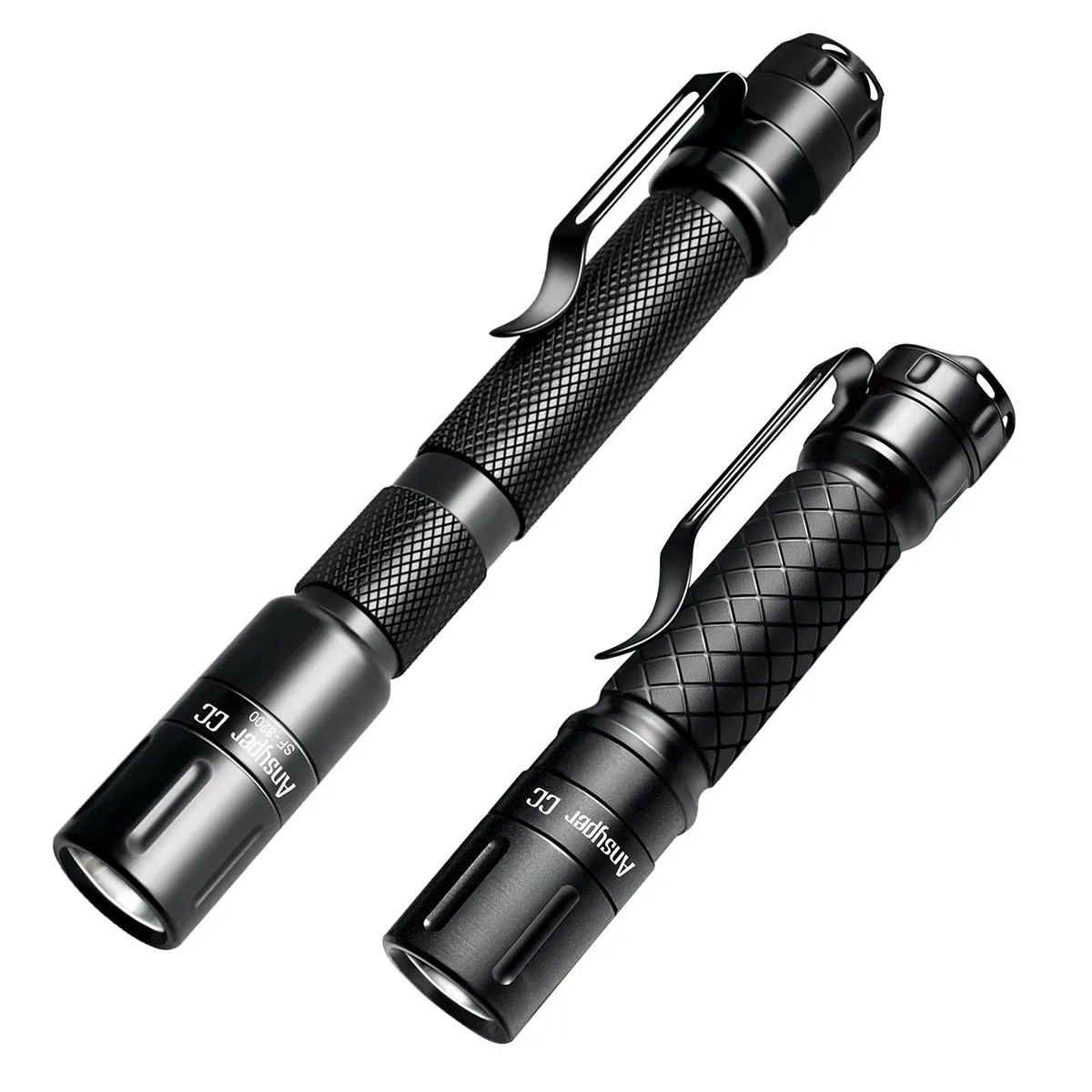 Silver aluminium mini flashlight with pocket clip, 3.4 or 5.2 inches long
