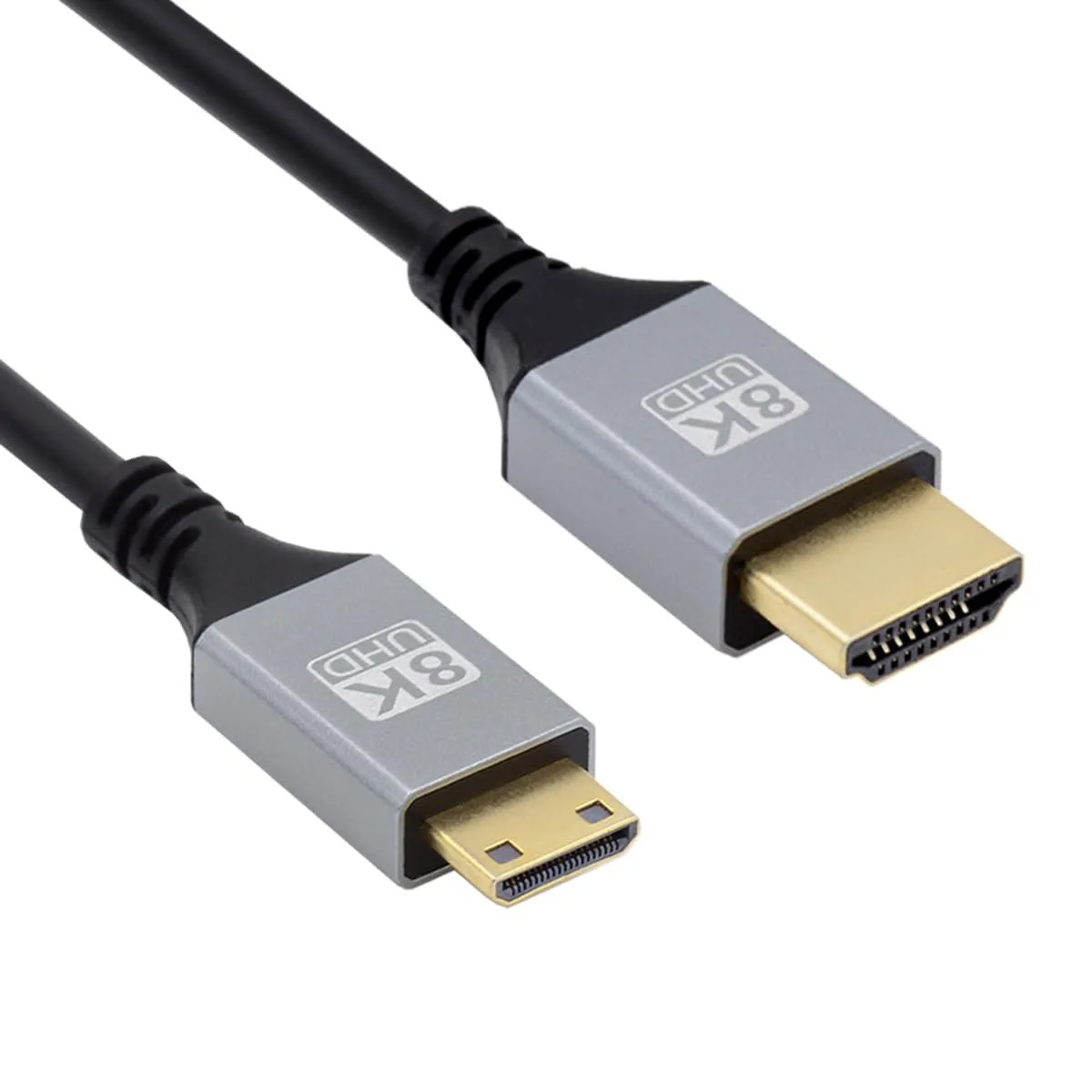Thin black cable with gold Mini HDMI and USB-C ends, 200 cm long